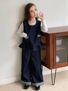 Dazy Kids Tween Girl) Sleeveless Denim Vest Top With Frill Trim + Straight Leg Casual Pants 2 Pieces Denim Set, Autumn/Winter - Dark Wash - View 6