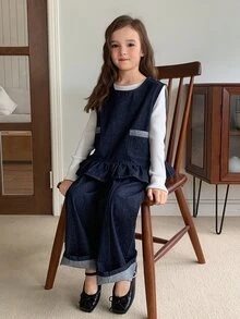Dazy Kids Tween Girl) Sleeveless Denim Vest Top With Frill Trim + Straight Leg Casual Pants 2 Pieces Denim Set, Autumn/Winter - Dark Wash - View 2