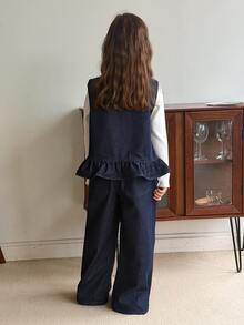 Dazy Kids Tween Girl) Sleeveless Denim Vest Top With Frill Trim + Straight Leg Casual Pants 2 Pieces Denim Set, Autumn/Winter - Dark Wash - View 7