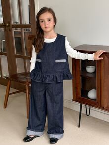 Dazy Kids Tween Girl) Sleeveless Denim Vest Top With Frill Trim + Straight Leg Casual Pants 2 Pieces Denim Set, Autumn/Winter - Dark Wash - View 5