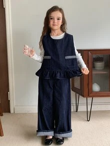 Dazy Kids Tween Girl) Sleeveless Denim Vest Top With Frill Trim + Straight Leg Casual Pants 2 Pieces Denim Set, Autumn/Winter - Dark Wash - View 4