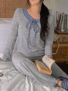 DAZY Set Pakaian Tidur Wanita 2pcs/Set: Kaos Lengan Panjang Motif Kotak-kotak dan Celana Panjang Lurus - Grey - View 12