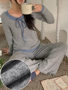 DAZY Set Pakaian Tidur Wanita 2pcs/Set: Kaos Lengan Panjang Motif Kotak-kotak dan Celana Panjang Lurus - Grey - View 6