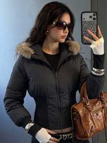 DAZY Women's Long Sleeve Zipper Front Casual Hooded Winter Jacket - Black - View 4