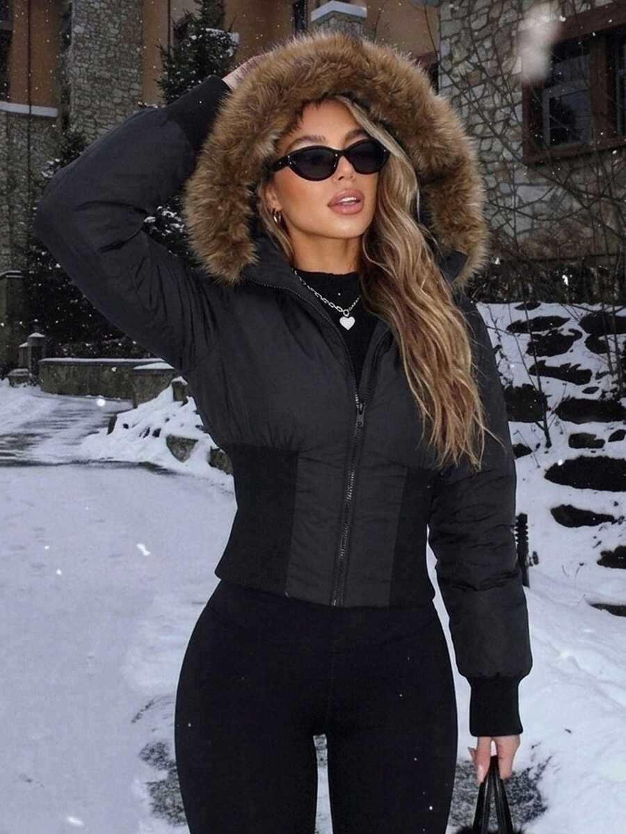 DAZY Women's Long Sleeve Zipper Front Casual Hooded Winter Jacket - Black - View 1
