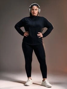 Powerista Women's Plus Size Solid Color Long Sleeve Half-Zip Athletic Sweatshirt - Black - View 3