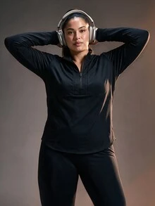 Powerista Women's Plus Size Solid Color Long Sleeve Half-Zip Athletic Sweatshirt - Black - View 7