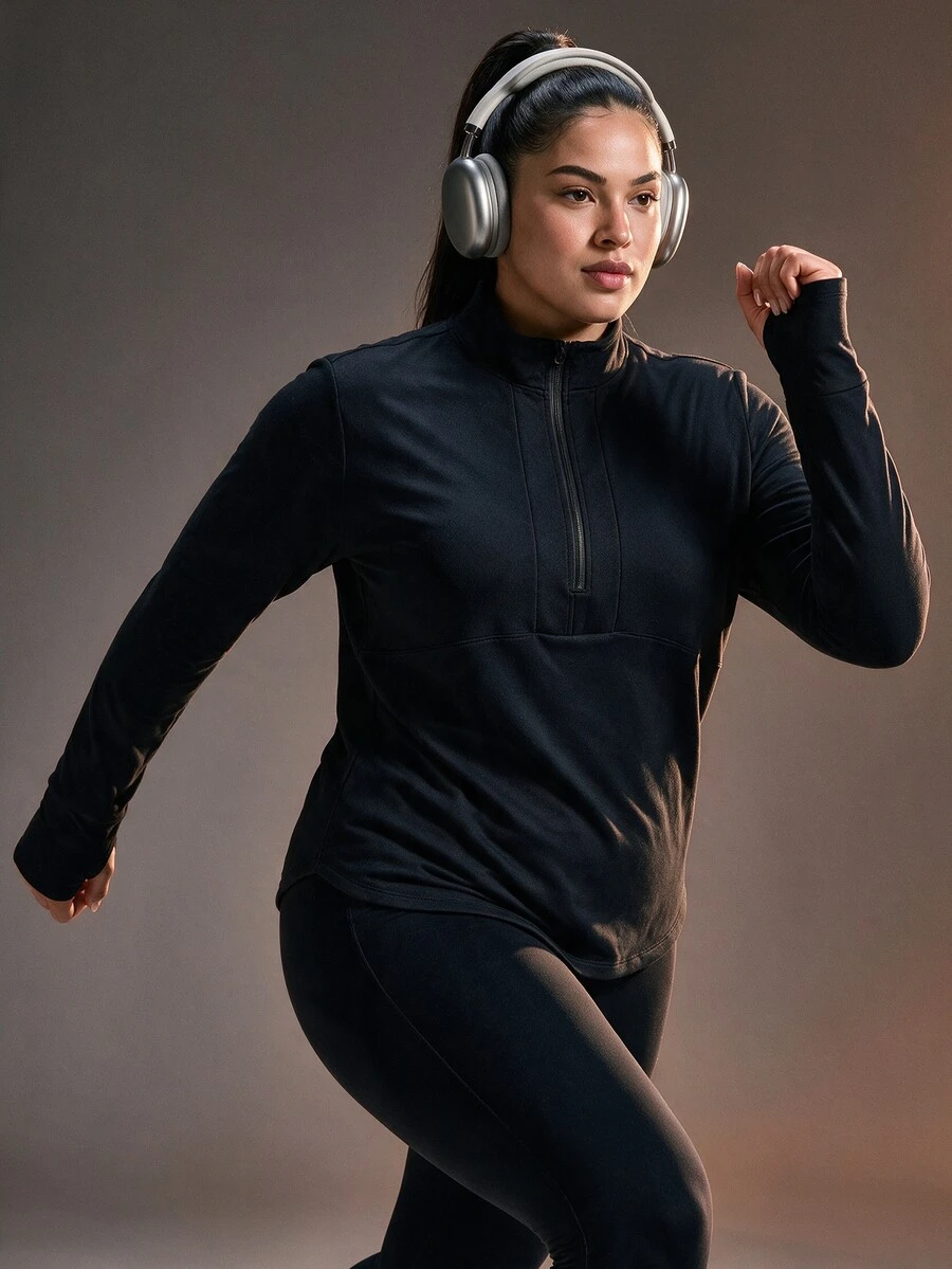 Powerista Women's Plus Size Solid Color Long Sleeve Half-Zip Athletic Sweatshirt - Black - View 1