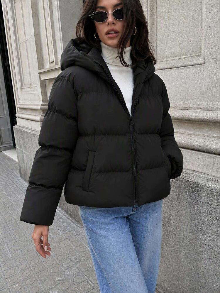 EURMUSE Women Casual Solid Color Hooded Padded Coat, Winter Travel Everyday Black - Black - View 2