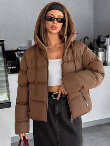EURMUSE Zip Up Hooded Padded Coat - Brown - View 4