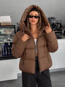 EURMUSE Zip Up Hooded Padded Coat - Brown - View 5