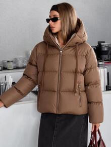 EURMUSE Zip Up Hooded Padded Coat - Brown - View 6