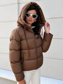 EURMUSE Zip Up Hooded Padded Coat - Brown - View 3