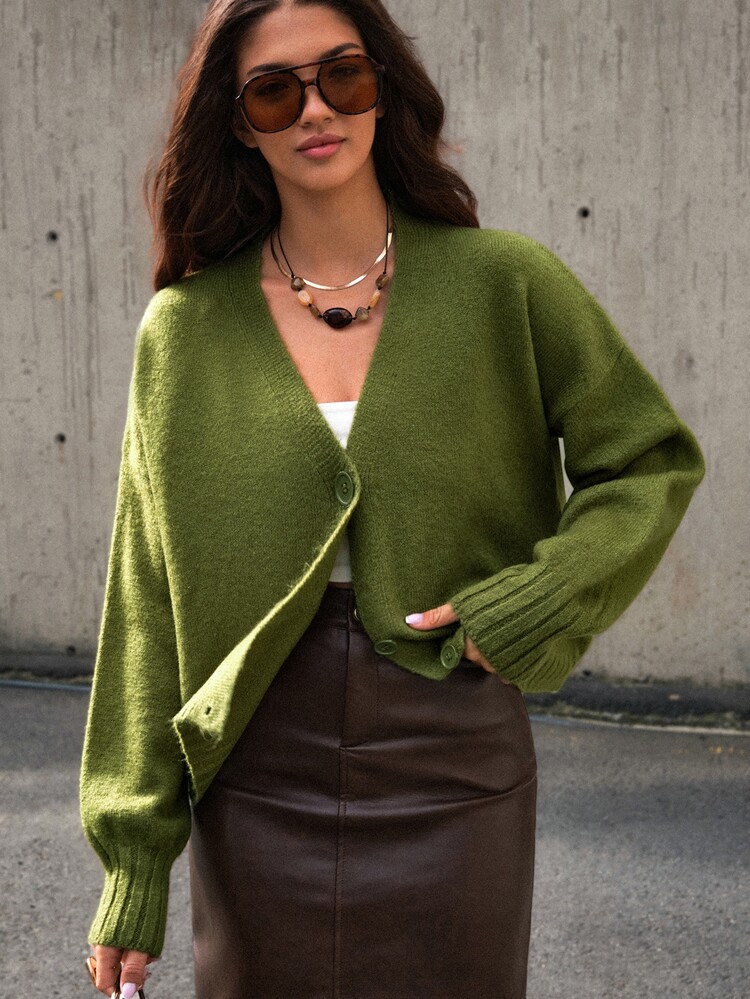 Pariaura Women Button Front Cozy Soft Touch Yarn Long Sleeve Olive Green Cardigan City Break Travel Autumn Casual Brunch - Olive Green - View 6