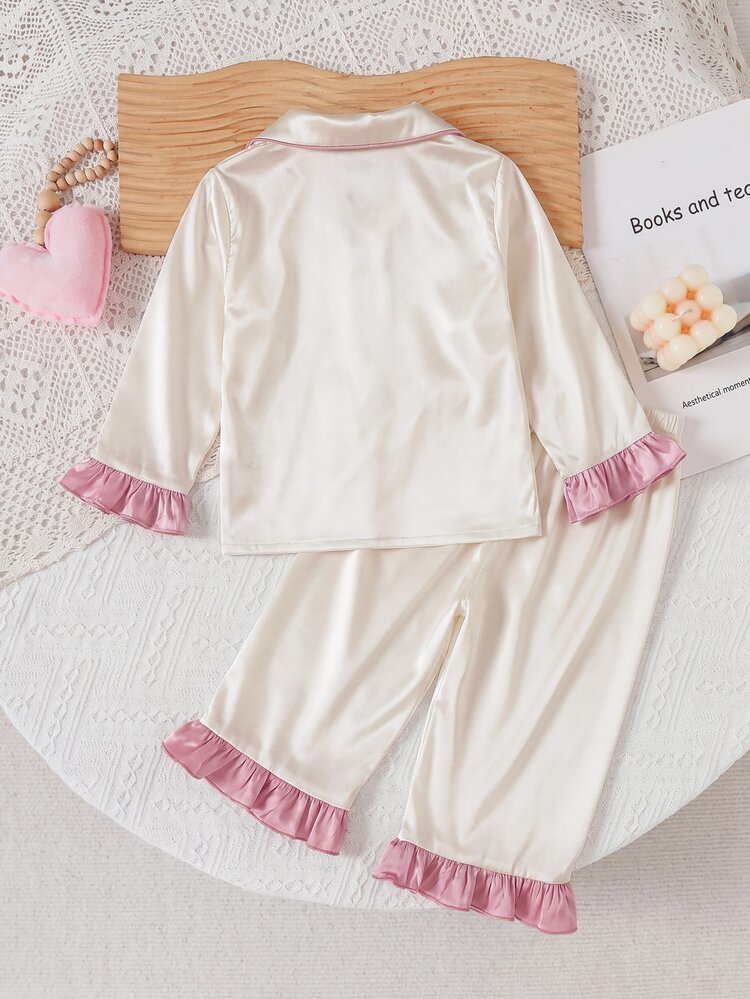 SHEIN Baby Girl Autumn/Winter Satin Apricot & Pink Patchwork Sweet Minimalist Embroidered Pattern Turn Collar Button-Up Ruffle Trim Long Sleeve Pants Comfortable Skin-Friendly Knit Pajama Set 2pcs, Winter Halloween Christmas Fall Outfits - Apricot - View 2