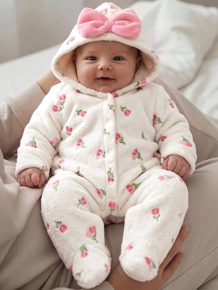 SHEIN Newborn Baby Bowknot Decor Button Autumn Winter Romper - White - View 1