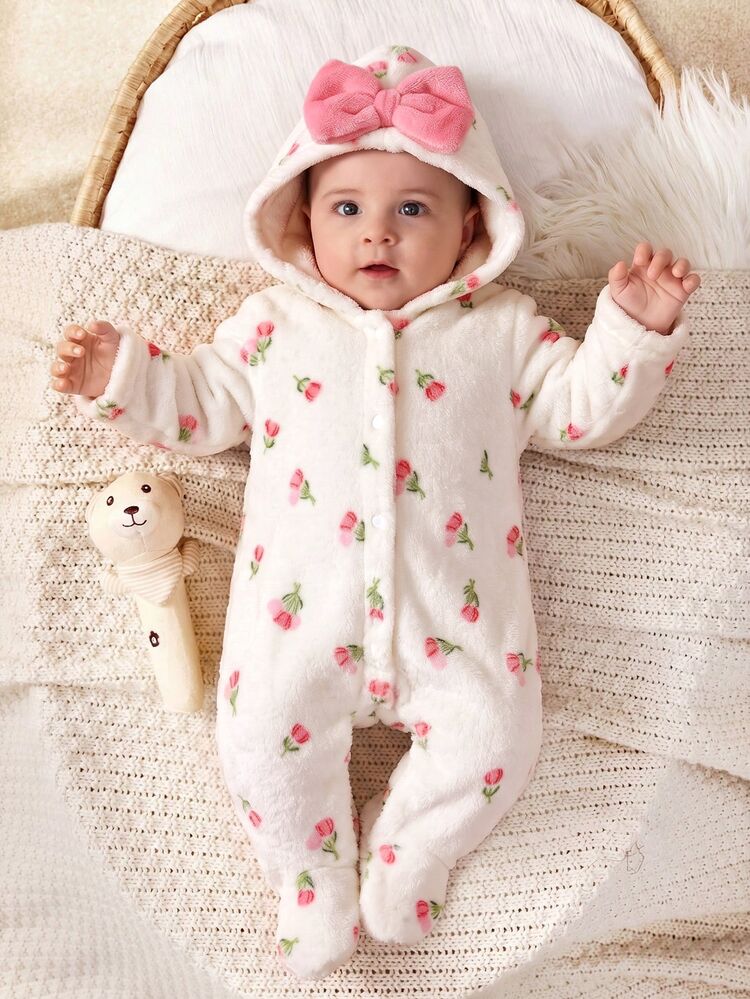 SHEIN Newborn Baby Bowknot Decor Button Autumn Winter Romper - White - View 5