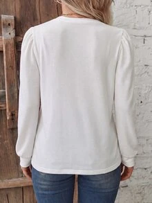 SHEIN LUNE Fashion Casual White Basic Crew Neck Lace Patchwork Puff Sleeve Long Sleeve Plus Size T-Shirt - White - View 2