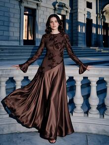 Anewsta Vestido elegante de mujer con cuello redondo, manga de campana y empalme con textura floral - Café - Ver 8