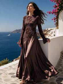 Anewsta Vestido elegante de mujer con cuello redondo, manga de campana y empalme con textura floral - Café - Ver 4