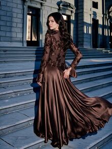 Anewsta Vestido elegante de mujer con cuello redondo, manga de campana y empalme con textura floral - Café - Ver 3