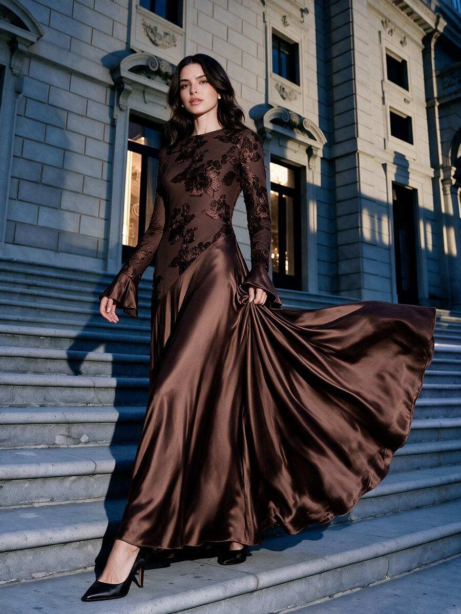 Anewsta Vestido elegante de mujer con cuello redondo, manga de campana y empalme con textura floral