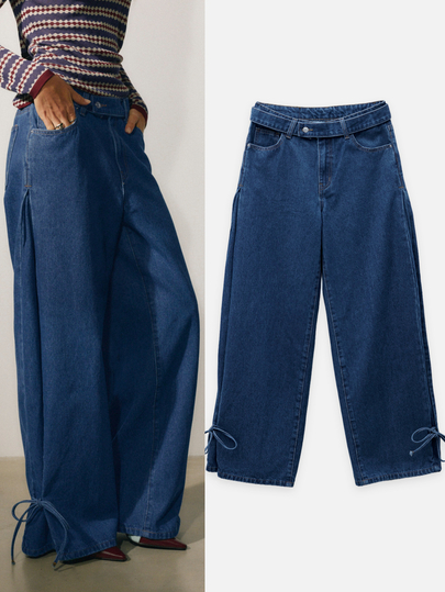 Nöista Dark Blue Wide-Leg Jeans With Medium Waist, Five-Pocket Design And Adjustable Ankle Ties. Fall, Winter, Casual, Everyday, Streetwear, Back To School..