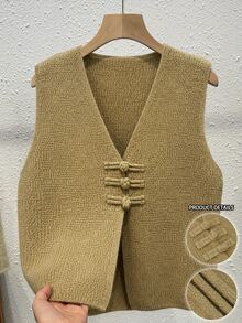 Linhara Plus Size Women's Spring/Autumn Casual Minimalist Versatile Vintage Chinese Frog Button V-Neck Loose Knit Vest Fall - Yellow - View 3