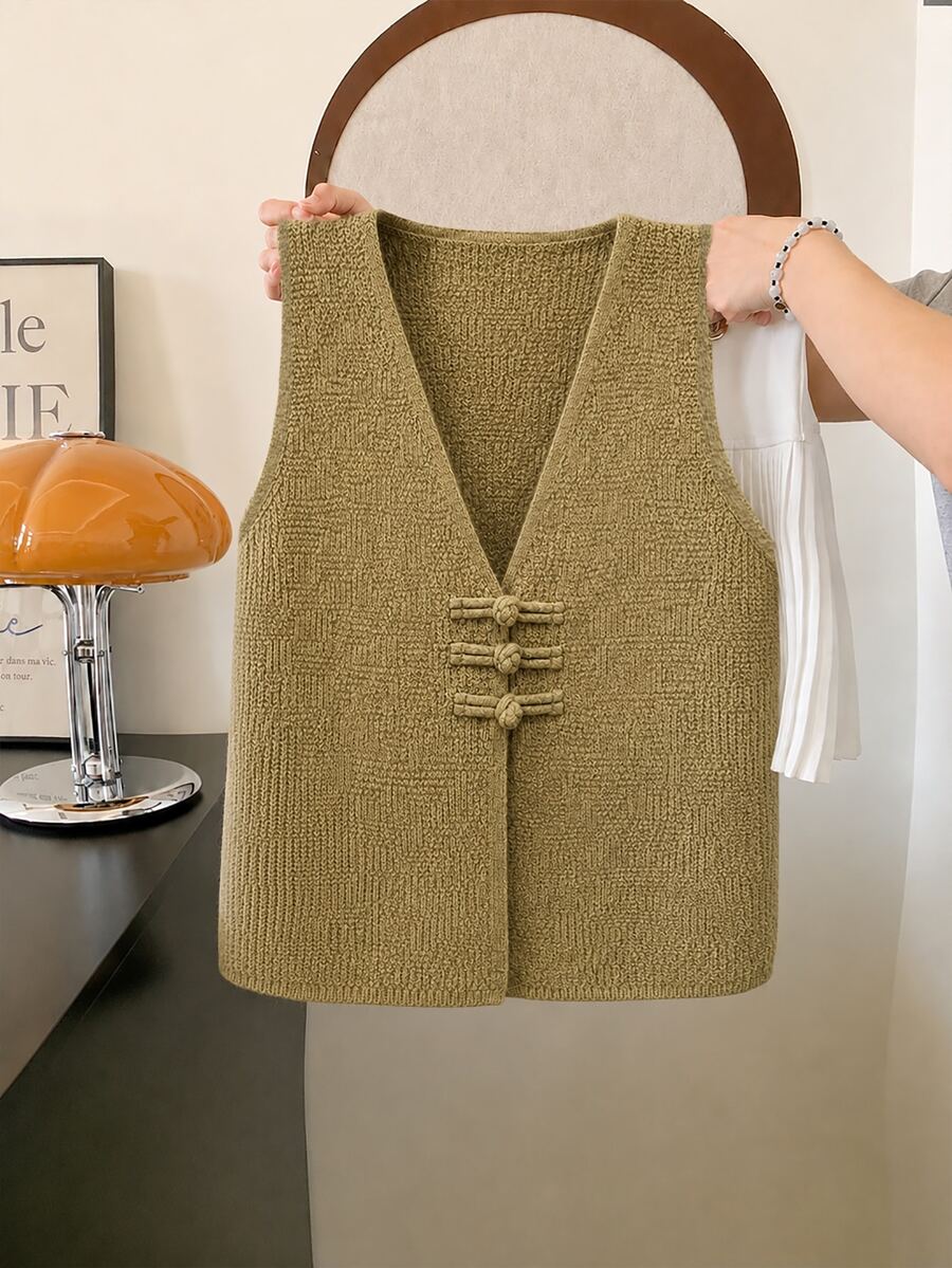 Linhara Plus Size Women's Spring/Autumn Casual Minimalist Versatile Vintage Chinese Frog Button V-Neck Loose Knit Vest Fall - Yellow - View 1