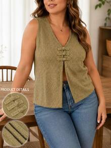 Linhara Plus Size Women's Spring/Autumn Casual Minimalist Versatile Vintage Chinese Frog Button V-Neck Loose Knit Vest Fall - Yellow - View 4