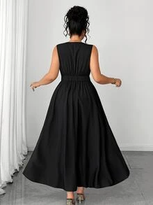 Elenzga Plus Size Halloween French Style Black Lace Patchwork V-Neck Sleeveless Dress High Waist A-Line Slit Midi Cocktail Formal Celestial Summer - Black - View 3