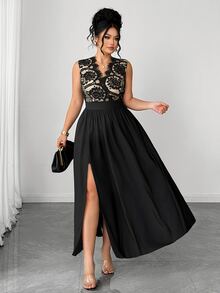 Elenzga Plus Size Halloween French Style Black Lace Patchwork V-Neck Sleeveless Dress High Waist A-Line Slit Midi Cocktail Formal Celestial Summer - Black - View 5