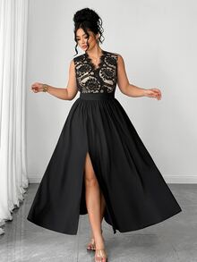 Elenzga Plus Size Halloween French Style Black Lace Patchwork V-Neck Sleeveless Dress High Waist A-Line Slit Midi Cocktail Formal Celestial Summer - Black - View 2