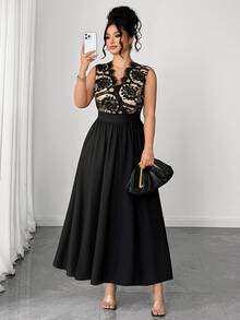 Elenzga Plus Size Halloween French Style Black Lace Patchwork V-Neck Sleeveless Dress High Waist A-Line Slit Midi Cocktail Formal Celestial Summer - Black - View 7