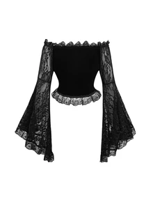 ROMWE Spring/Summer Casual Black Gothic Off Shoulder Lace Bell Sleeve Velvet Fitted Women Top - Black - View 2