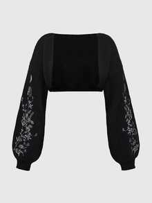 ROMWE Goth 春夏嘉年華派對休閒黑色大尺碼植物哥德風蛇刺繡短版無袖薄款開襟衫，自然風格冬季 - 黑色 - 查看 1