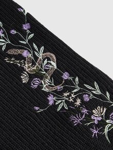 ROMWE Goth 春夏嘉年華派對休閒黑色大尺碼植物哥德風蛇刺繡短版無袖薄款開襟衫，自然風格冬季 - 黑色 - 查看 4