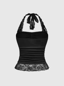 ROMWE Spring/Summer Carnival Party Casual Black Gothic Y2K Sexy Contrast Lace Halter Crop Top With Cross Decor And Ruched Waist, Halloween - Black - View 2