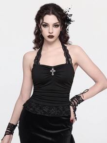 ROMWE Spring/Summer Carnival Party Casual Black Gothic Y2K Sexy Contrast Lace Halter Crop Top With Cross Decor And Ruched Waist, Halloween - Black - View 3