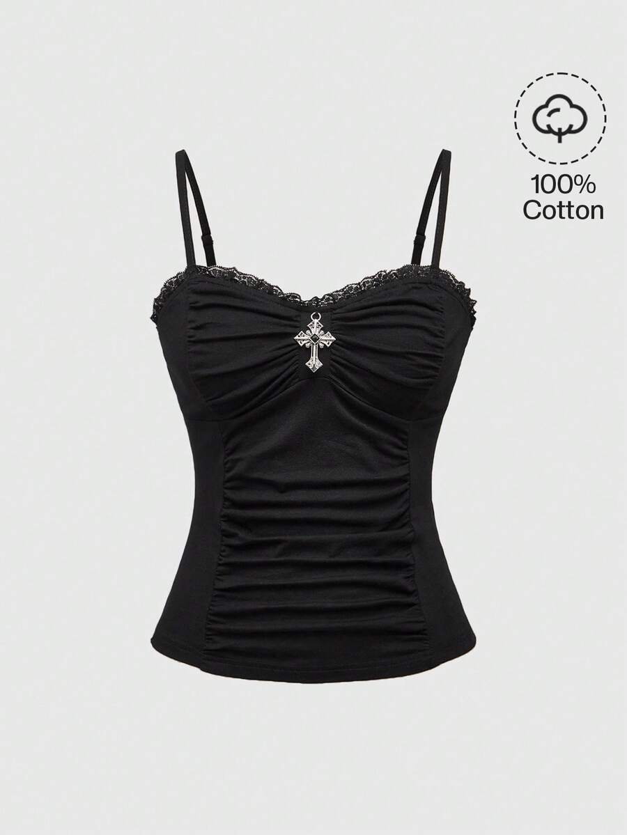 ROMWE Goth Top ajustado con escote cruzado y puntilla, de estilo gótico para mujer - Negro - Ver 1