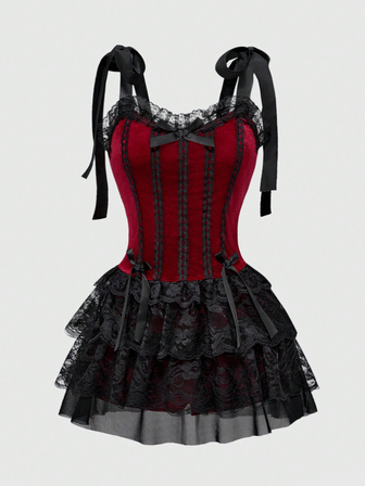 Gothic Retro Palace Style Contrast Color Lace Trim Cross Pendant Women Velvet Spaghetti Strap Dress