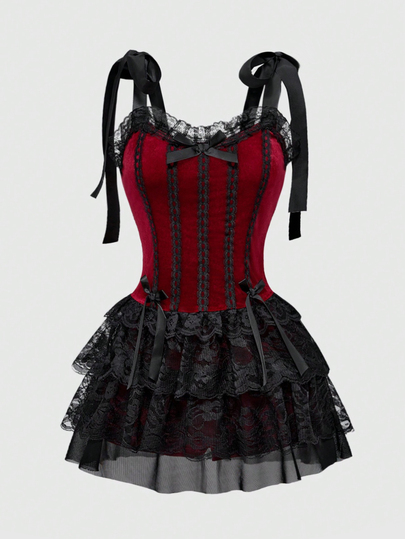 Goth Abito da donna con spalline a spaghetti in velluto, stile retrò gotico, con pendente a croce, decorato con merletto a contrasto di colore, in stile palazzo