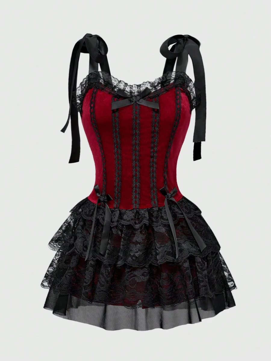 ROMWE Gothic Retro Palace Style Contrast Color Lace Trim Cross Pendant Women Velvet Spaghetti Strap Dress - Black - View 1