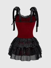 ROMWE Gothic Retro Palace Style Contrast Color Lace Trim Cross Pendant Women Velvet Spaghetti Strap Dress - Black - View 2