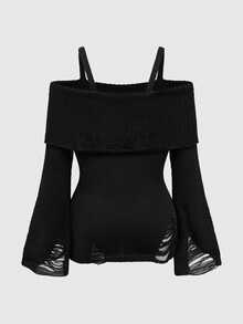 ROMWE Goth Spring Casual Black Plus Size Women's Off Shoulder Distressed Design Fitted Ribbed Knit Tank Top, Punk Style, Halloween Fall - Black - View 2