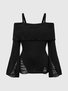 ROMWE Goth Spring Casual Black Plus Size Women's Off Shoulder Distressed Design Fitted Ribbed Knit Tank Top, Punk Style, Halloween Fall - Black - View 1