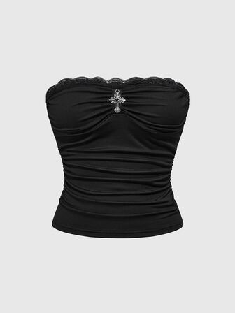Goth Spring/Summer Black Sexy Minimalist Lace Trim Metal Cross Decor Bodycon Camisole Top