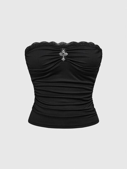Goth Top canotta aderente con decorazione in metallo a croce e bordo in pizzo, design minimalista e sexy