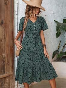 LUMIGAL Dalmatian Print Knot Front Ruffle Hem Dress Maxi Women Outfit - Dark Green - View 5