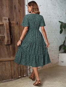 LUMIGAL Dalmatian Print Knot Front Ruffle Hem Dress Maxi Women Outfit - Dark Green - View 2
